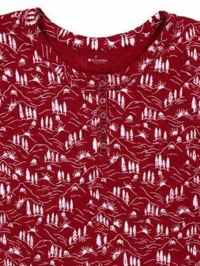 Columbia Thermal Red Long Sleeve Henley with Winter Scene Print Velvet Trim New